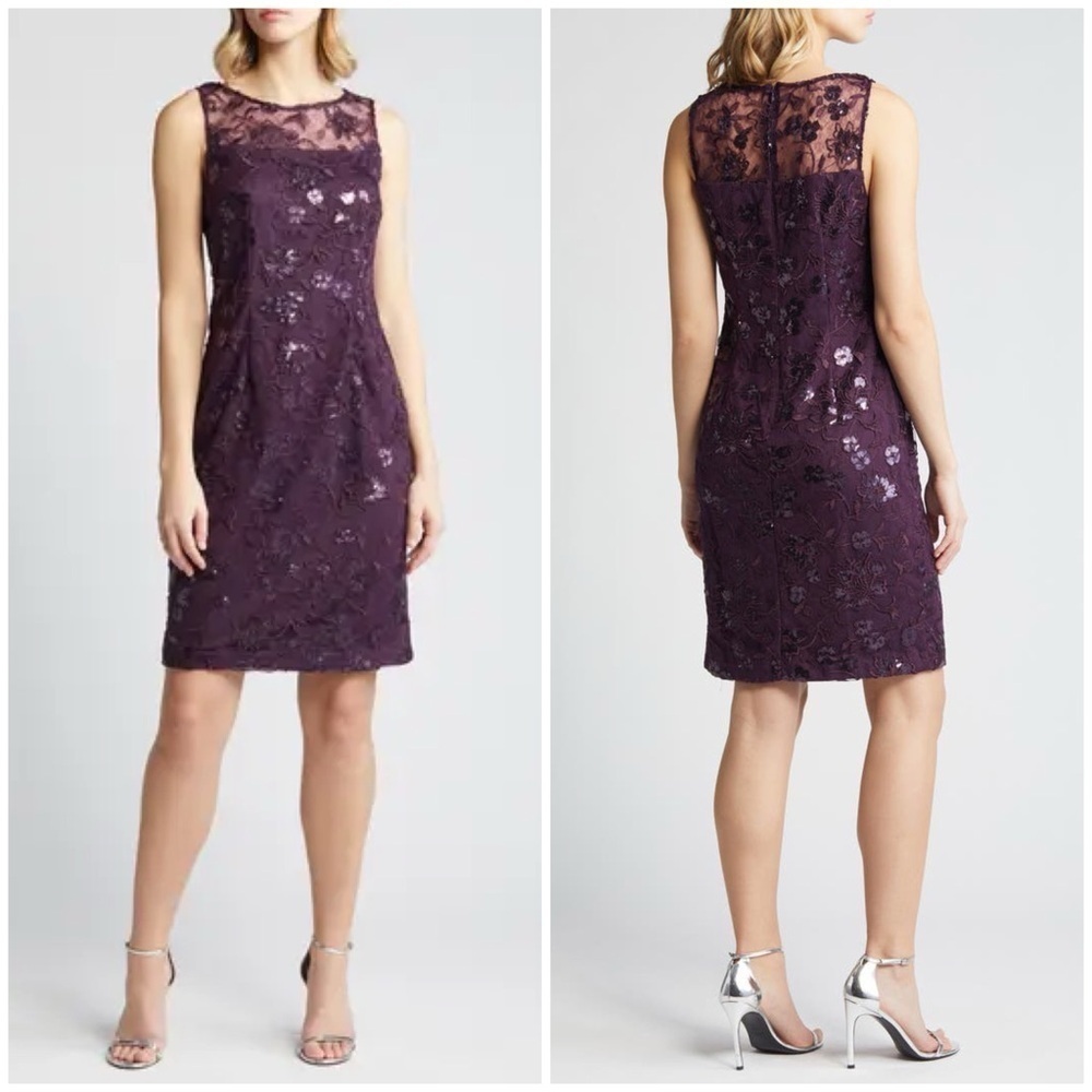 NWT Alex Evenings Elegant Sequin Lace Sheath Dress Purple Eggplant Floral Sz 14